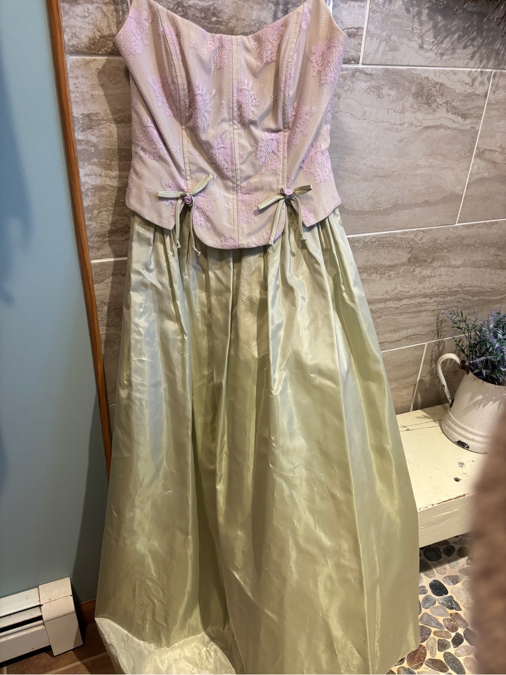 Roberta Pale Green formal dress with Lavender Embroidered Bodice